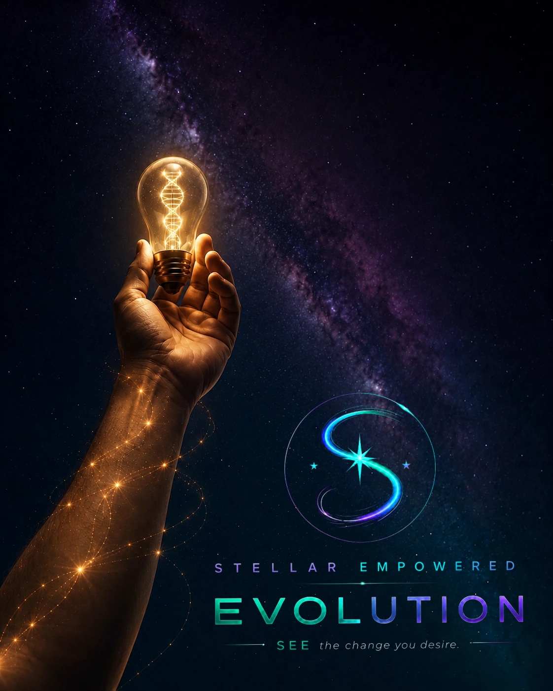Stellar Empowered Evolution: a hand raising a glowing bulb of light against the cosmos. SEE the change you desire.
