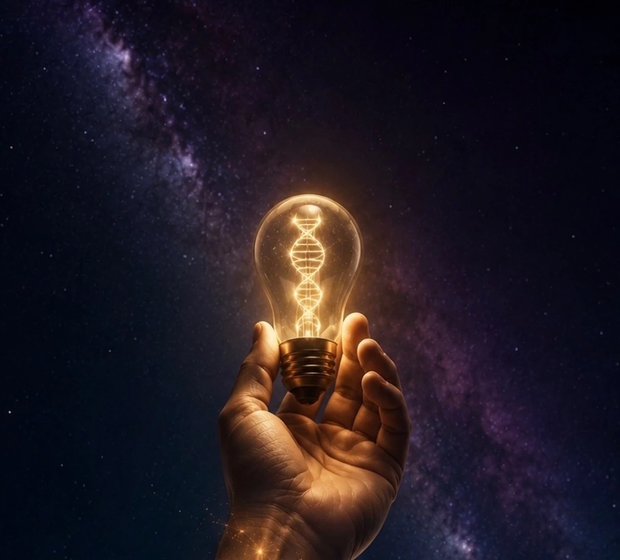 A glowing filament bulb held against the cosmos